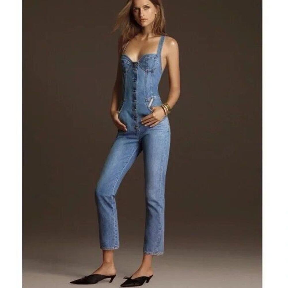 $525 Jean Atelier Denim Blue Sweetheart Corset Overall Jumpsuit XS NEW